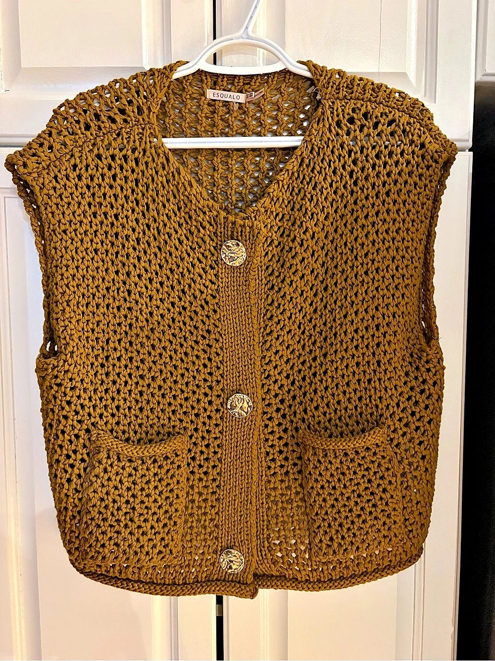 ESQUALO Open Knit Button-Front Vest Brown